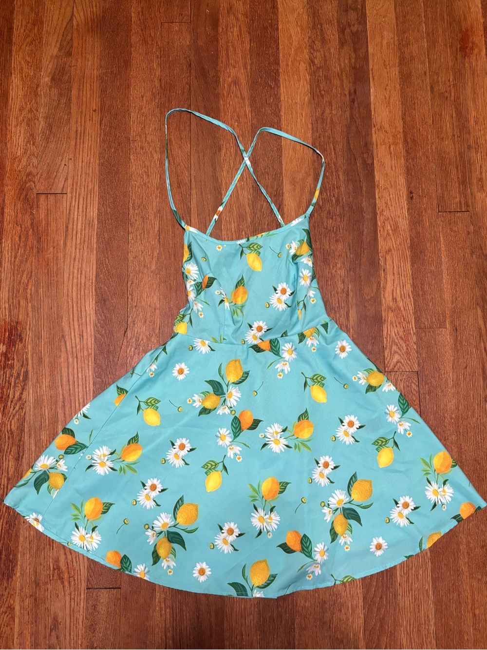 🍋🌼 SHEIN Aqua Blue Lemon & Daisy Print Sundress Open Back Cut - like NEW
